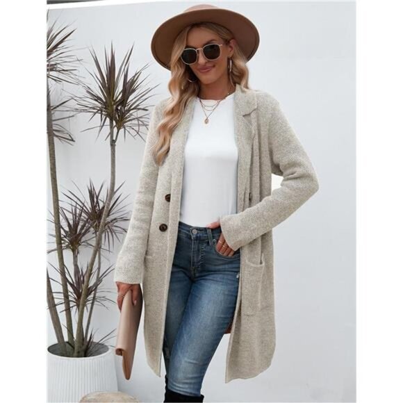 Oversized Fall Cardigan Sweater - Women’s Knit Button-Up Coatigan Jacket,Apricot - Picture 5 of 7